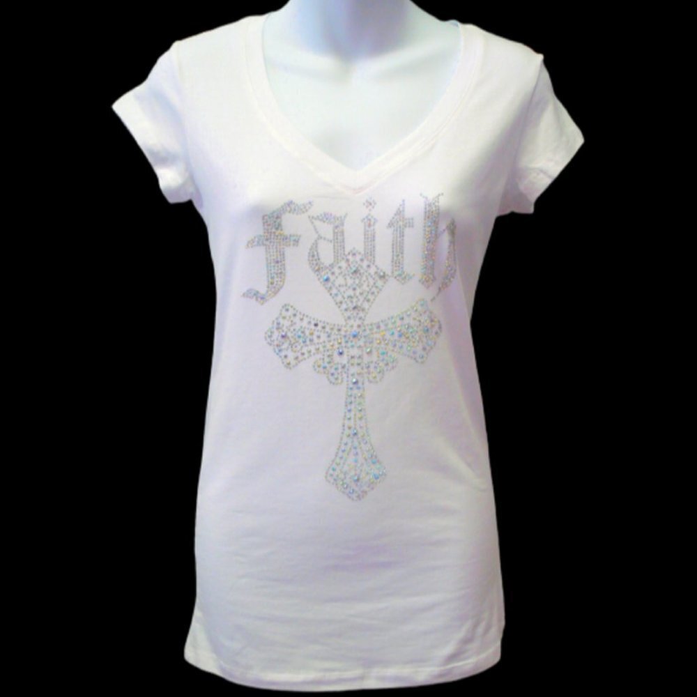 White Faith Rhinestone Cross Fitted T-Shirt
